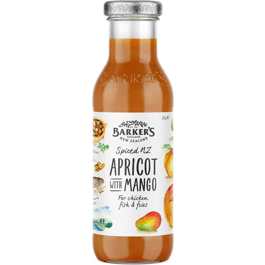 Barker's Apricot Sauce with Mango, a tangy blend perfect for marinating and glazing, elevating your meals with exotic flavor.