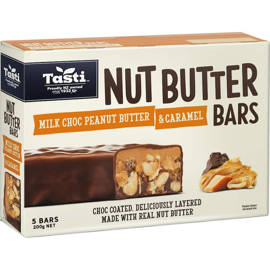 Tasti Choc Nut Bars with Peanut Butter & Salted Caramel, a nutritious snack rich in chocolate, ideal for energy on-the-go.