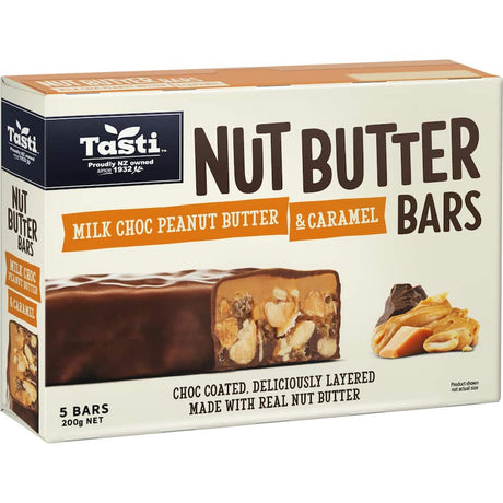 Tasti Choc Nut Bars with Peanut Butter & Salted Caramel, a nutritious snack rich in chocolate, ideal for energy on-the-go.