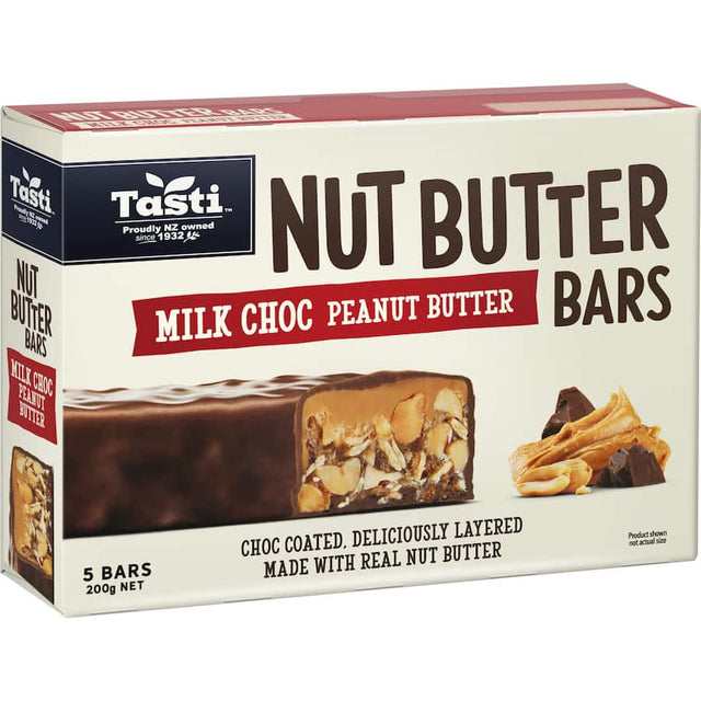 Tasti Chocolate Nut Bar Peanut Butter, a protein-packed snack of rich peanut butter and crunchy nuts, perfect for on-the-go energy.