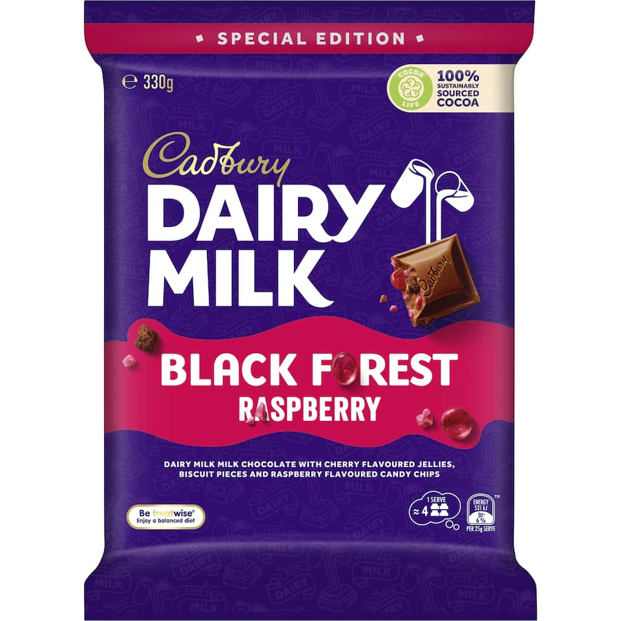 Cadbury Dairy Milk Black Forest Raspberry block features creamy chocolate with cherry jellies, biscuit pieces, and raspberry chips.