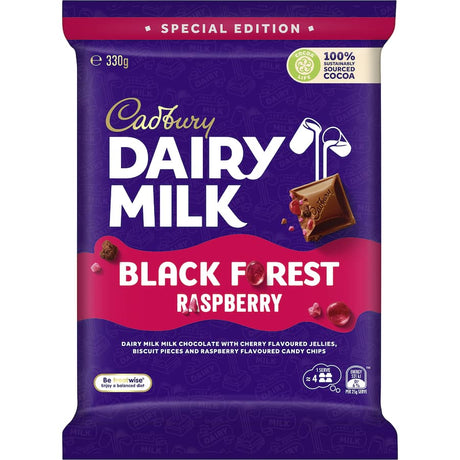 Cadbury Dairy Milk Black Forest Raspberry block features creamy chocolate with cherry jellies, biscuit pieces, and raspberry chips.