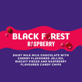 Cadbury Dairy Milk Black Forest Raspberry chocolate block with cherry jellies and raspberry chips, perfect for sharing.