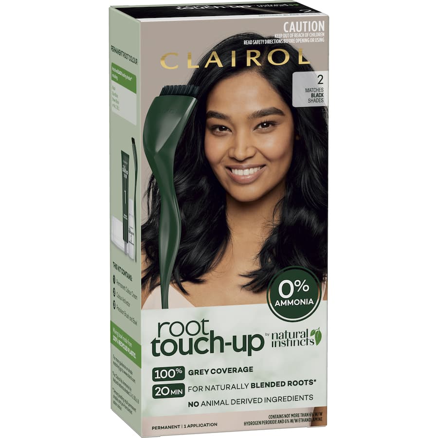 Clairol Natural Instincts Black Root Touch-Up offers 100% grey coverage in 20 minutes, ammonia-free and eco-friendly.