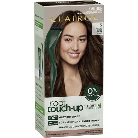 Clairol Natural Instincts Root Touch-up in Medium Brown, ammonia-free formula for seamless gray coverage and vibrant color.