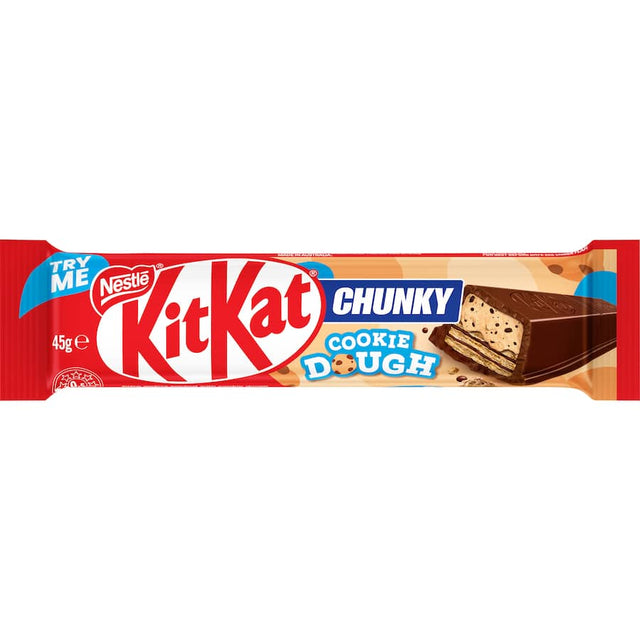 Nestle Kit Kat Chocolate Bar Cookie Dough features crispy wafers, cookie dough filling, and smooth milk chocolate in a 45g bar.