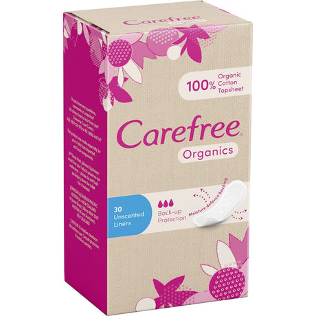 Carefree Organics Panty Liners: 100% organic cotton, hypoallergenic, breathable, unscented, secure fit for daily freshness.