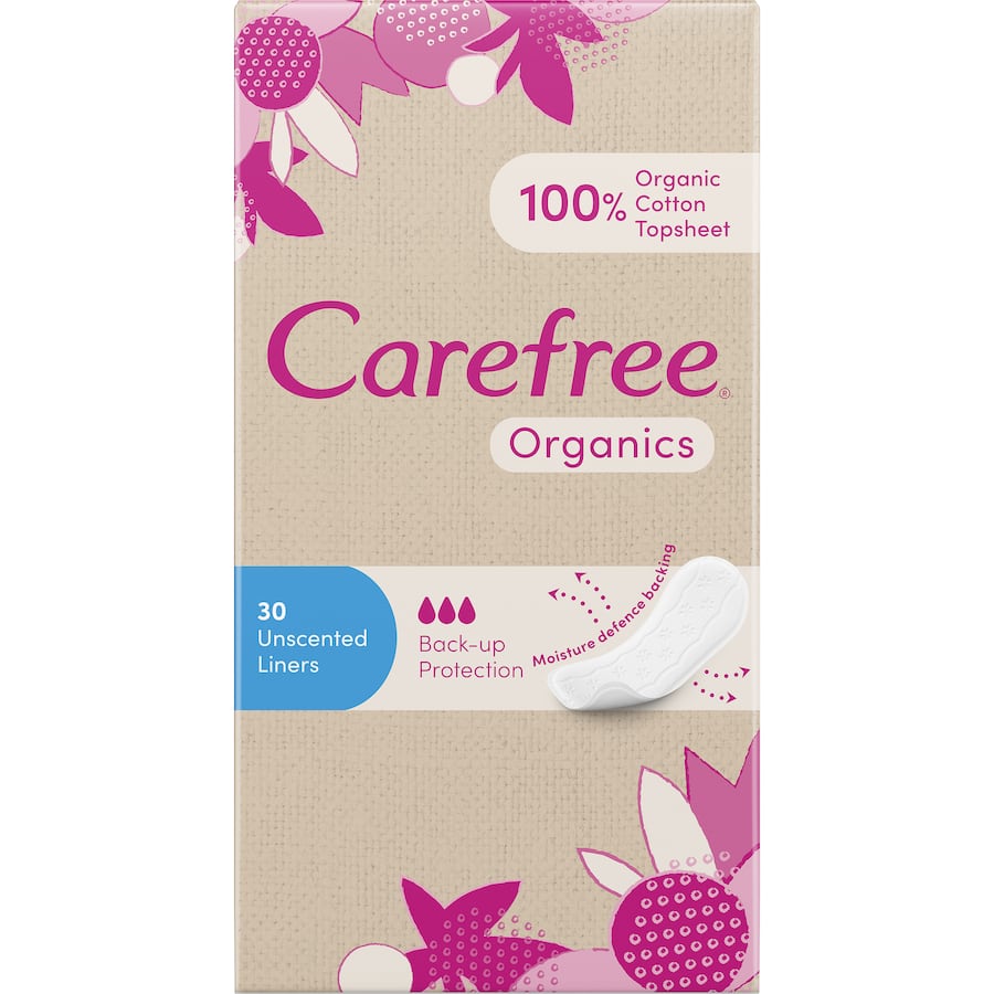 Organic cotton panty liners designed for comfort, protection, and breathability; hypoallergenic, unscented, and secure fit.