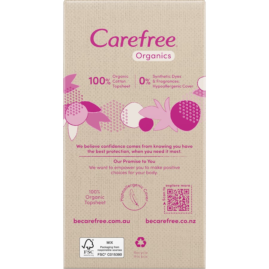 Carefree Organics Panty Liners Original with 100% organic cotton, hypoallergenic, breathable, and body-contoured for ultimate comfort.