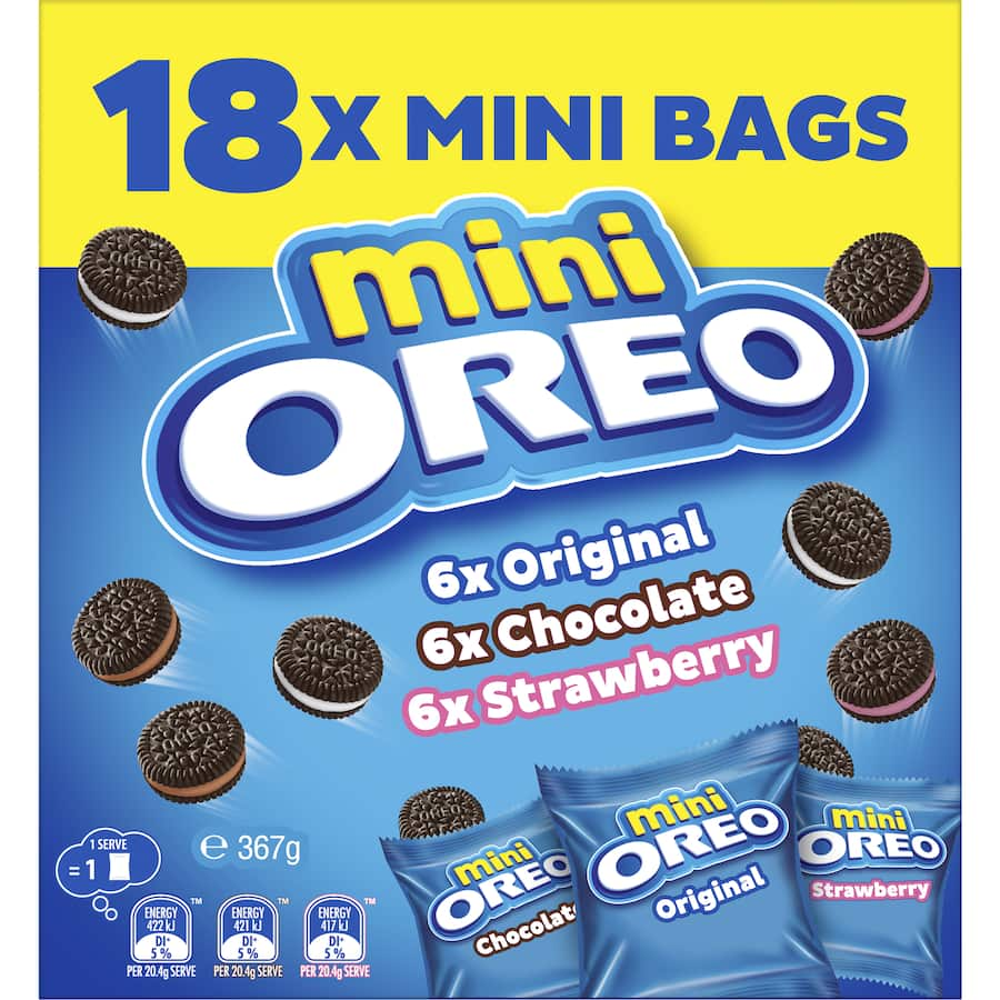 Oreo Mini Biscuits Variety Pack featuring classic flavors in bite-sized cookies, perfect for snacking or sharing.