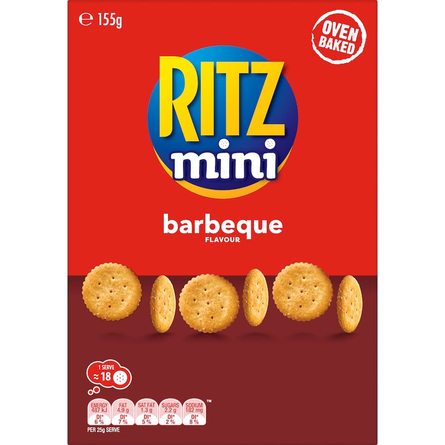 Ritz Mini Crackers Munching BBQ: chunky, flaky snacks infused with savory BBQ flavor, perfect for sharing and snacking!