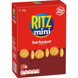 Ritz Mini Crackers Munching BBQ, savory bite-sized snacks with flaky texture and rich BBQ flavor, perfect for sharing.