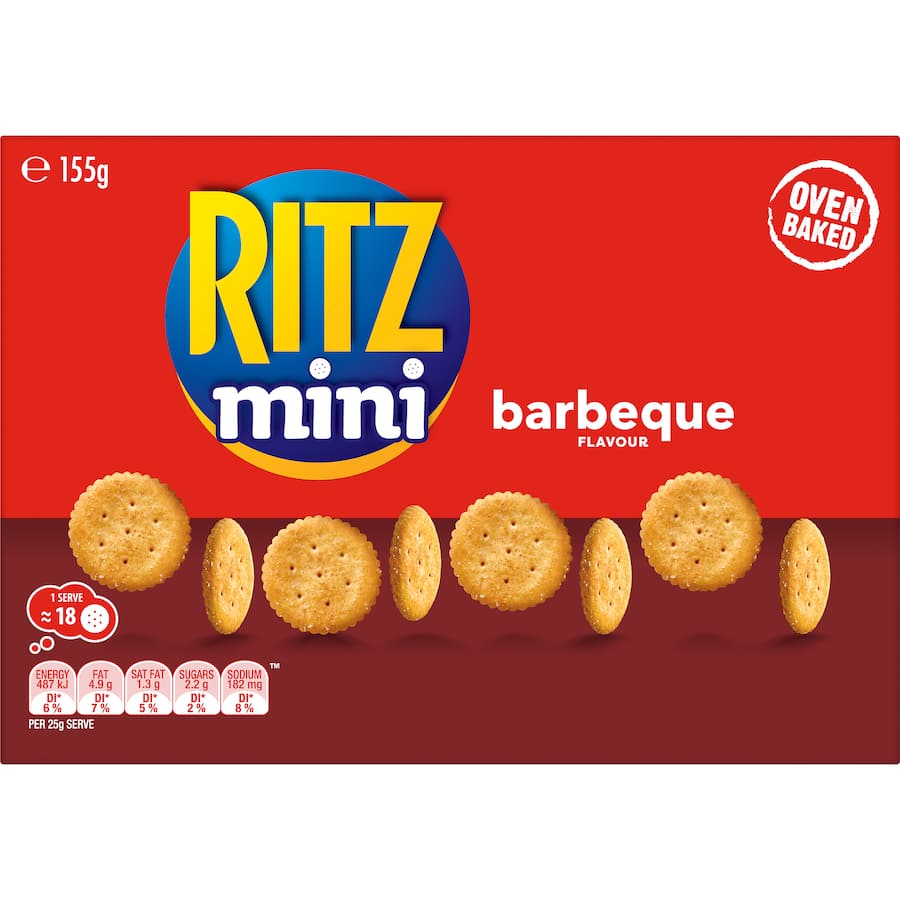 Ritz Mini Crackers Munching BBQ - flaky, bite-sized snacks infused with savory BBQ flavor, perfect for sharing and snacking.