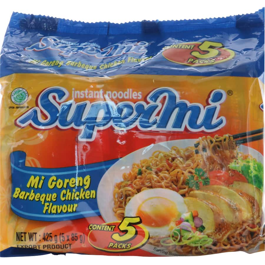 Super Mi Instant Noodles Mi Goreng BBQ Chicken, flavorful stir-fried noodles with 5 seasoning sachets for authentic taste.