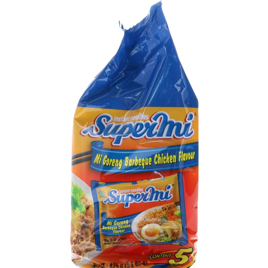 Super Mi Instant Noodles Mi Goreng BBQ Chicken, featuring flavorful stir-fried noodles with BBQ chicken seasoning and 5 sachets.