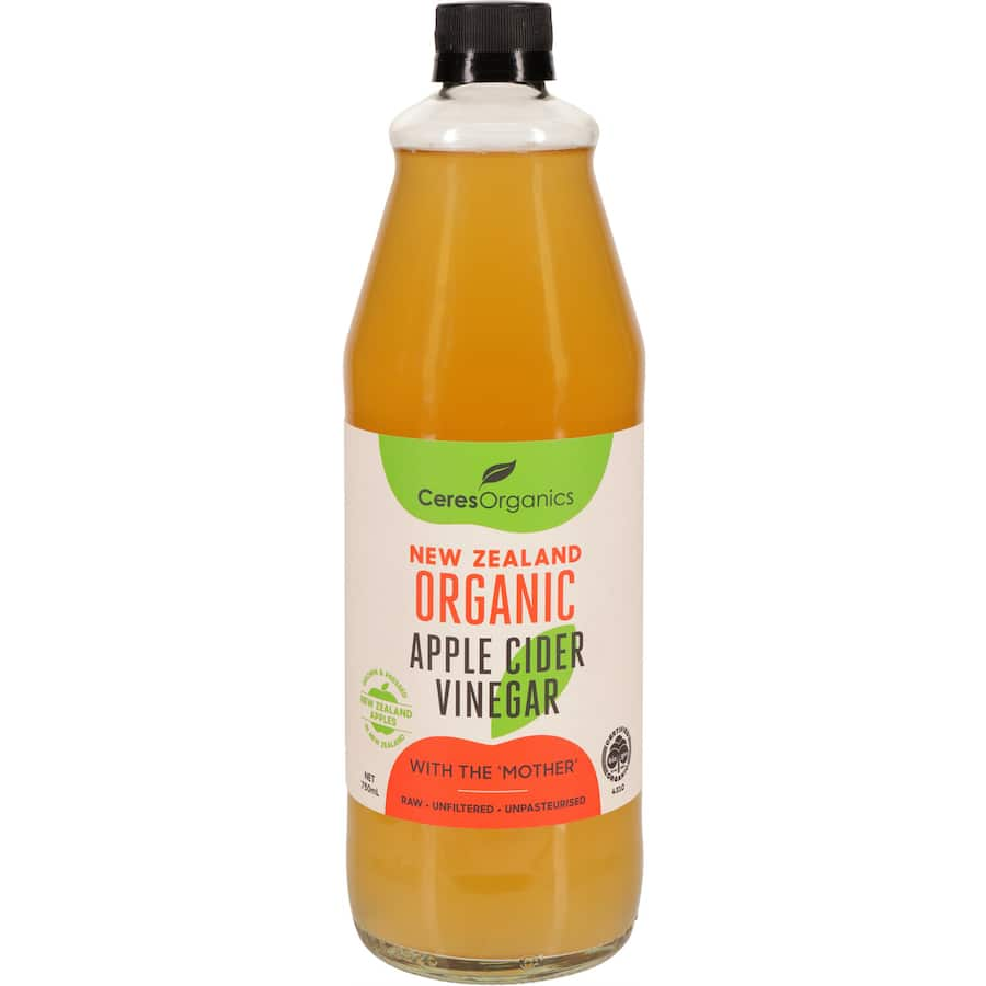 Ceres Organics Apple Cider Vinegar, cold-pressed from NZ apples, unfiltered with natural 'mother' for enhanced wellness and flavor.