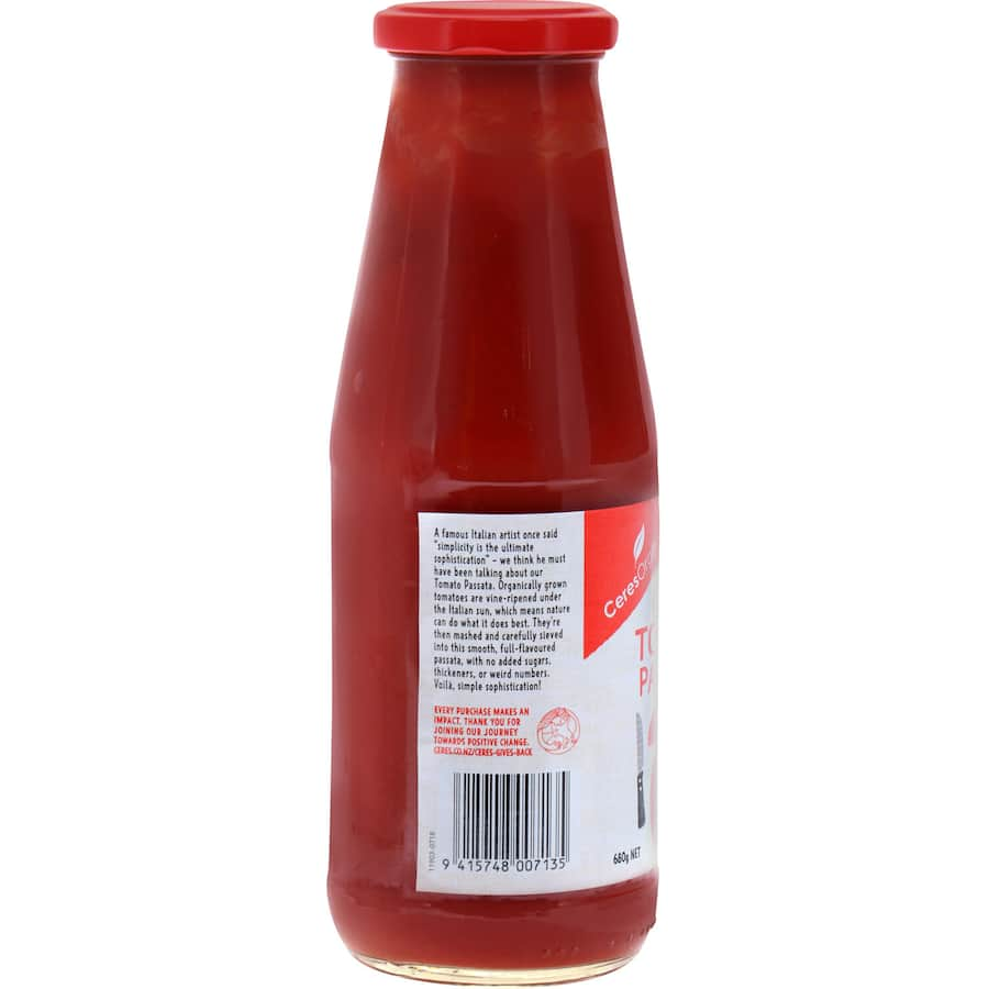 Ceres Organics Pasta Sauce Passata, smooth organic tomato sauce made from vine-ripened Italian tomatoes, no added sugars.