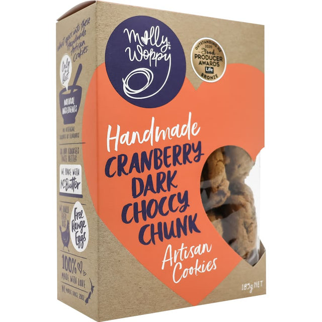 Molly Woppy Biscuits with cranberry and dark chocolate chunks, offering a perfect balance of sweet and tart for indulgent snacking.