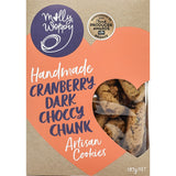 Molly Woppy Biscuits with cranberry and dark chocolate chunks, offering a rich, sweet, and tart flavor experience.