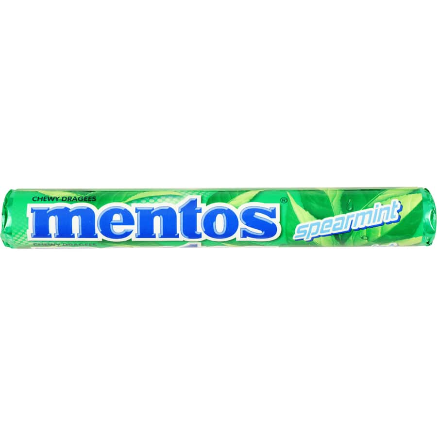 Mentos Spearmint Mints in a convenient roll pack, offering refreshing chewy dragees for long-lasting minty freshness.