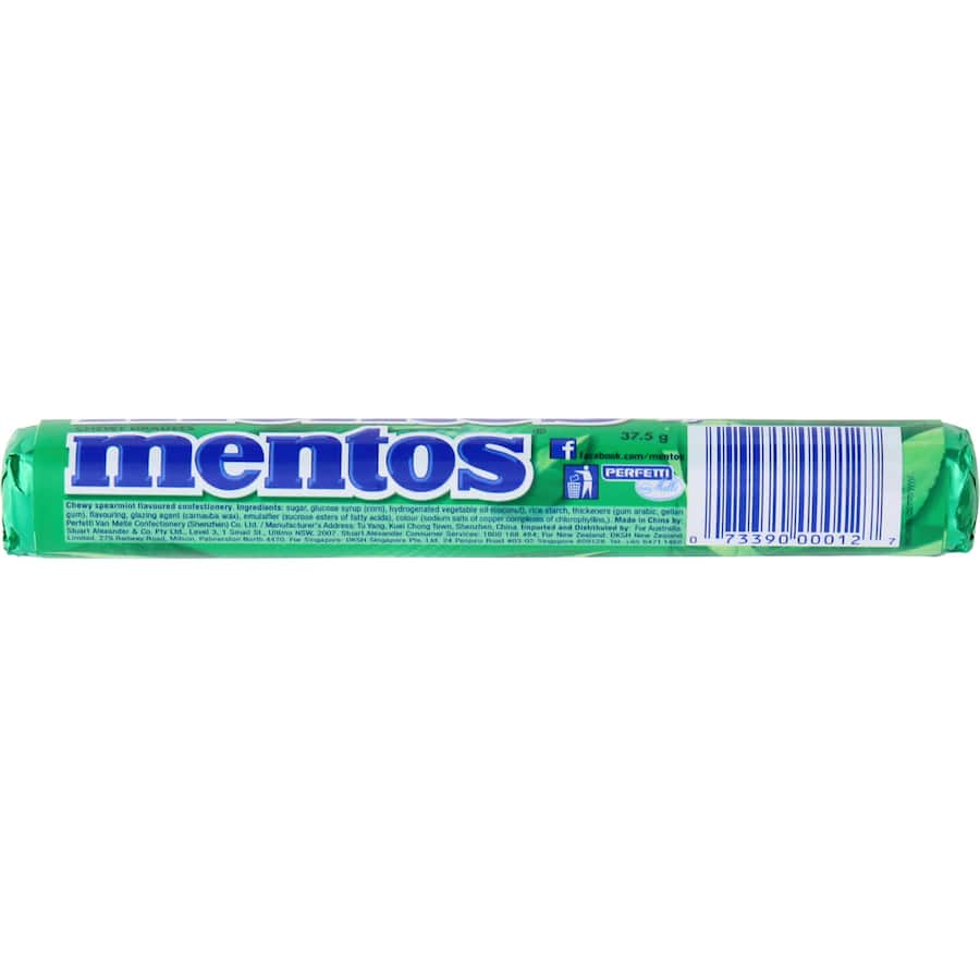 Mentos Mints Spearmint roll pack, offering chewy freshness and invigorating flavor for on-the-go breath refreshment.