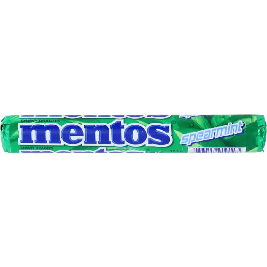 Mentos Spearmint Mints roll pack, featuring chewy mints for long-lasting freshness and invigorating spearmint flavor.