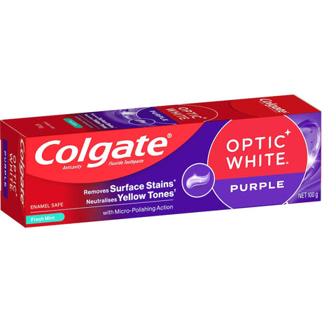 Colgate Optic White Toothpaste Purple features micro-polishing technology for a dazzling, radiant smile with fresh mint flavor.