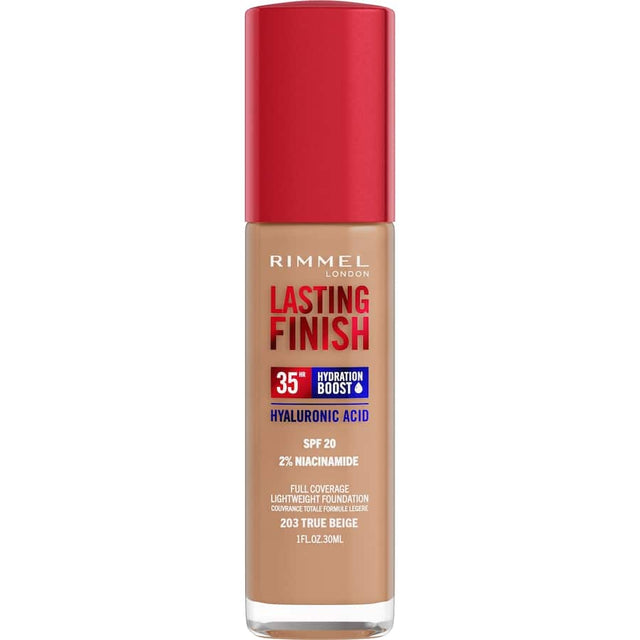 Rimmel Foundation in True Beige offers 35hr wear, hydration, SPF20, and full coverage for a flawless complexion.