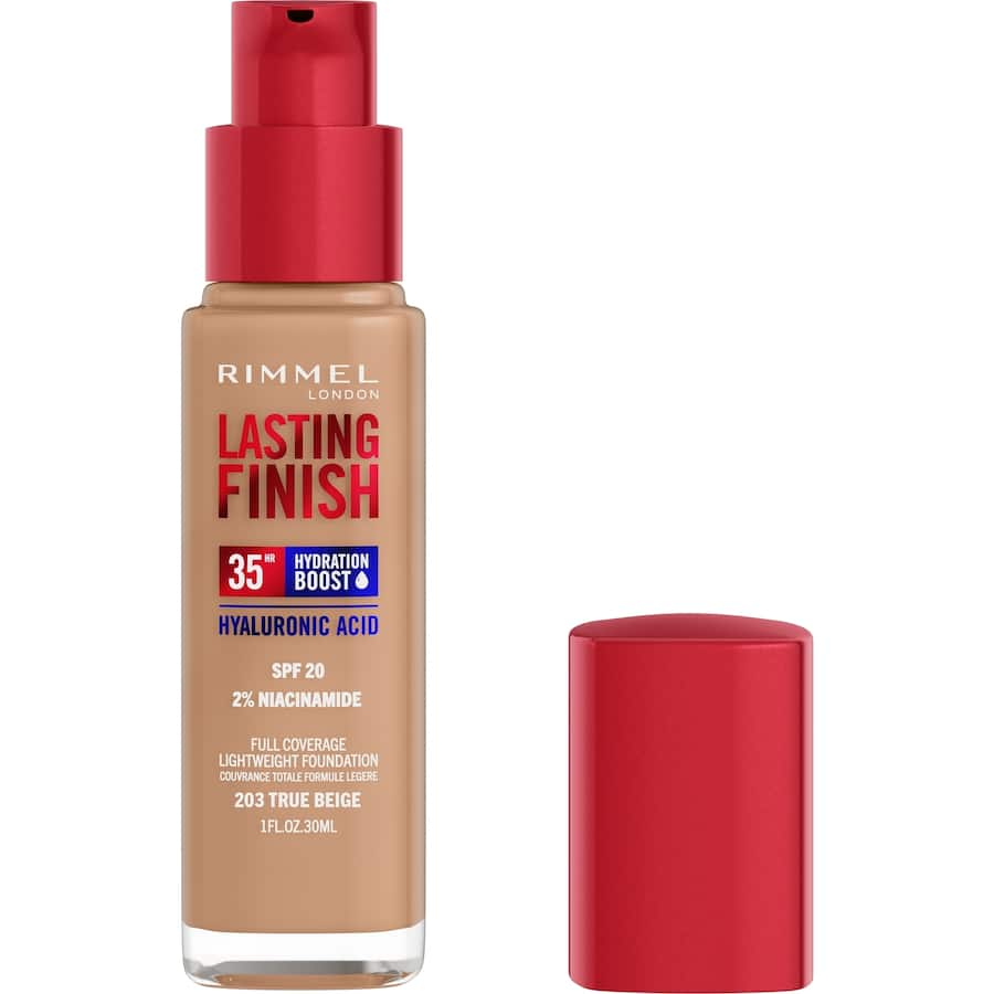 Rimmel Foundation in True Beige offers 35-hour wear, hydration, SPF20, and a natural finish for a flawless complexion.