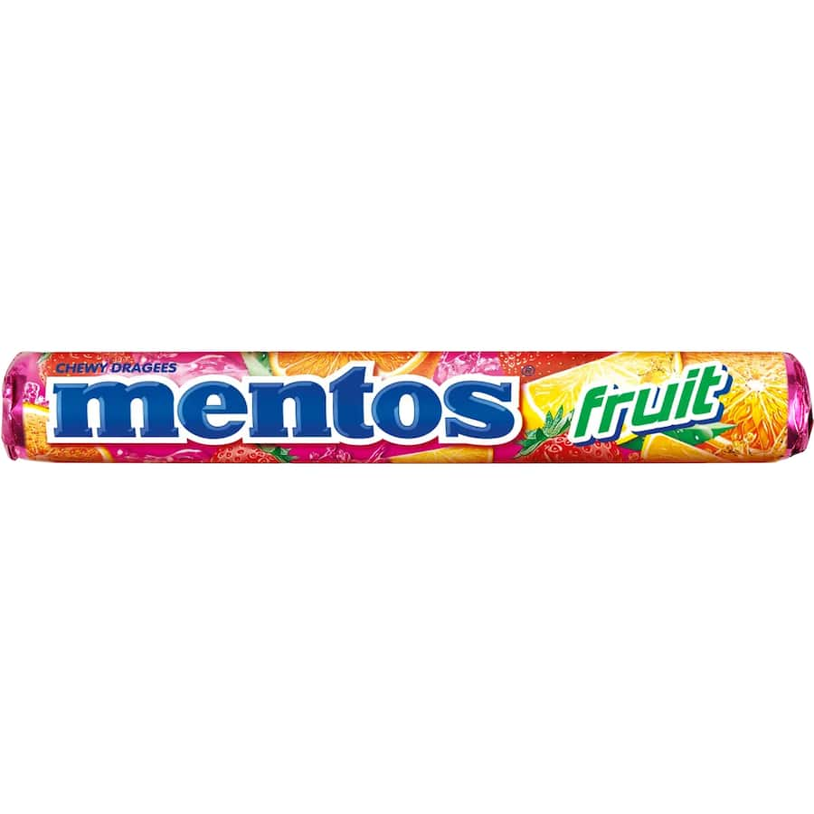 Chewy Mentos Sweets Fruit candies in a colorful roll, featuring mixed flavors like strawberry, orange, and lemon.