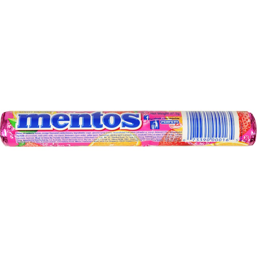 Colorful Mentos Sweets Fruit rolls featuring mixed flavors of strawberry, orange, and lemon for a chewy, refreshing treat.