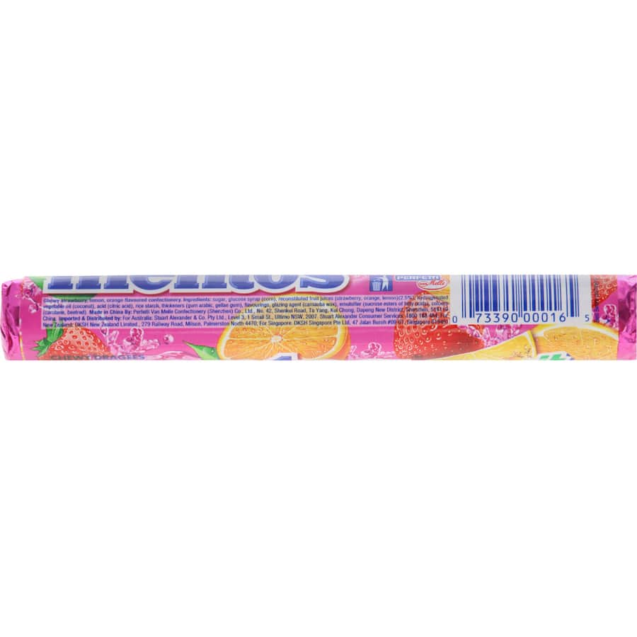 Vibrant Mentos Sweets Fruit rolls featuring assorted fruity flavors like strawberry, orange, and lemon for a refreshing chew.