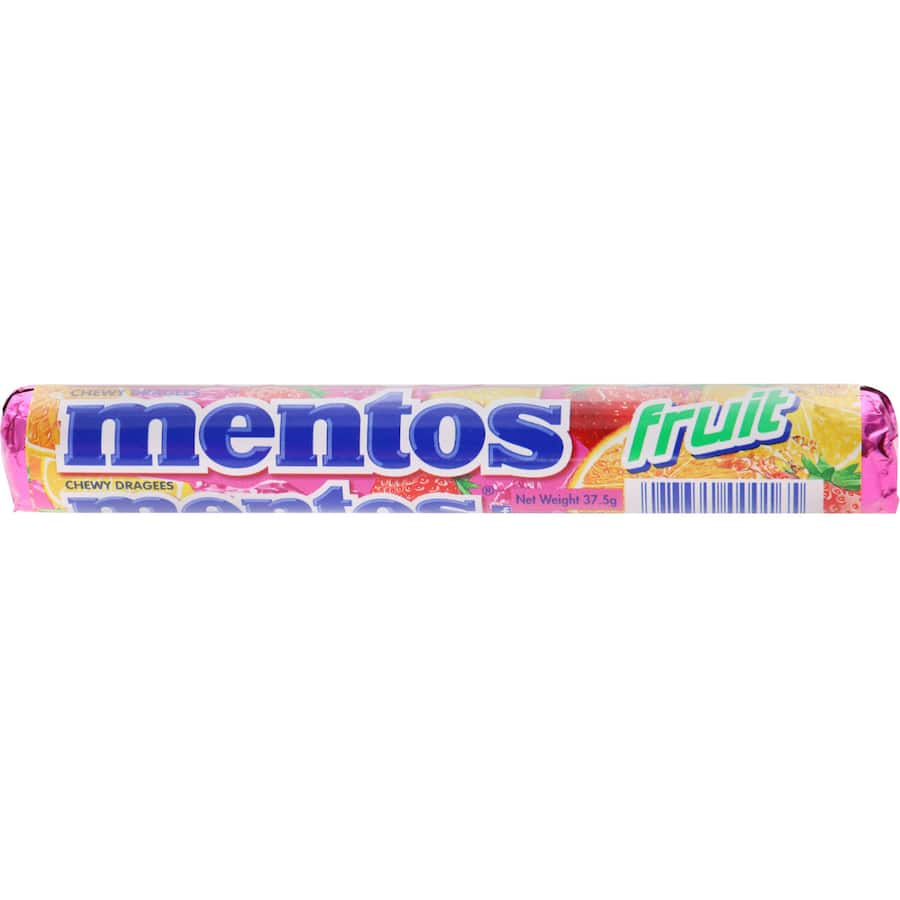 Colorful Mentos Sweets Fruit rolls featuring assorted flavors like strawberry, orange, and lemon for a chewy, fresh snacking experience.