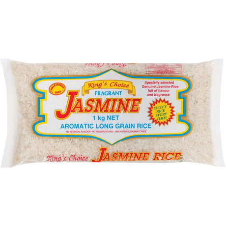 Kings Choice Jasmine Rice Long Grain, fluffy and aromatic, perfect for enhancing any meal with its authentic flavor.