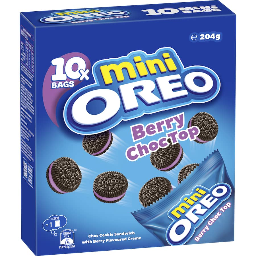 Oreo Mini Biscuits with berry cream filling, chocolate cookies, perfect for snacking, sharing, or with milk.