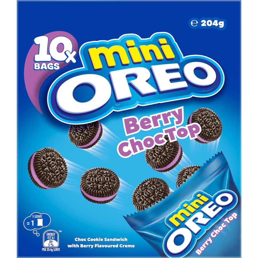 Oreo Mini Biscuits Berry Choc Top: bite-sized chocolate cookies with berry-flavored cream, perfect for snacking and sharing.