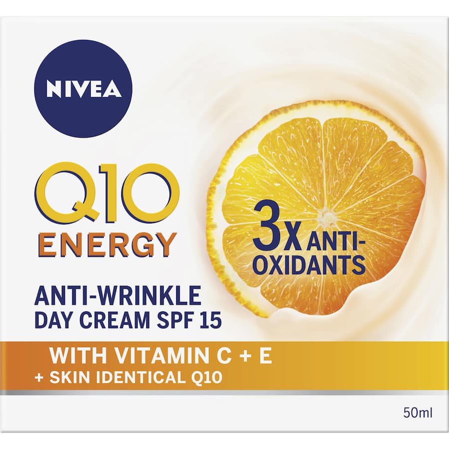 Nivea Q10 Plus C Anti-Wrinkle Day Cream SPF 15 energizes and hydrates skin, reducing wrinkles while providing sun protection.