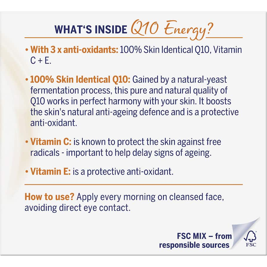 Nivea Q10 Plus C Anti-Wrinkle Day Cream SPF 15 energizes and hydrates aging skin, reducing wrinkles while providing sun protection.