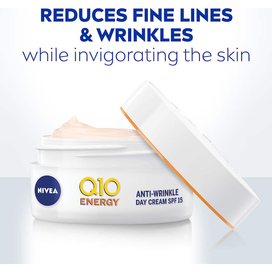 Nivea Q10 Plus C Anti-wrinkle Day Cream SPF 15: energizing cream to reduce wrinkles, hydrate, and protect against sun damage.