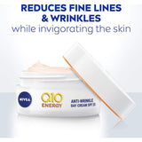 Nivea Q10 Plus C Anti-wrinkle Day Cream SPF 15: energizing cream to reduce wrinkles, hydrate, and protect against sun damage.