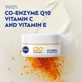 Nivea Q10 Plus C Anti-Wrinkle Day Cream SPF 15 energizes skin, fights wrinkles, and provides UVA/UVB protection for a youthful glow.