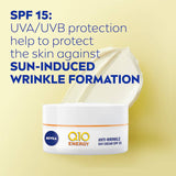 Nivea Q10 Plus C Day Cream SPF 15 for youthful skin, hydrates, fights wrinkles, and offers UVA/UVB protection.