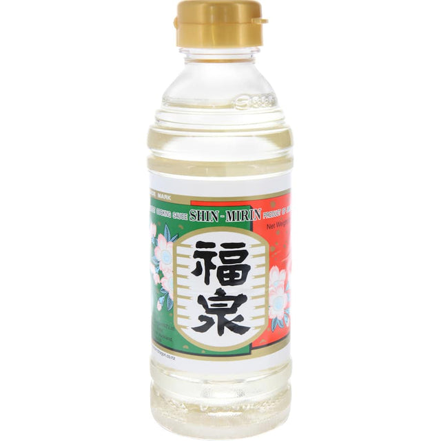 Fukuizumi Shin Mirin bottle showcasing premium quality cooking sake for enhancing Japanese and global dishes.