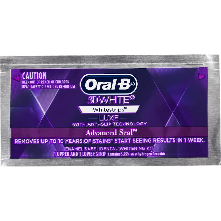 Oral-B 3D White Tooth Whitening Whitestrips with anti-slip technology for removing tough stains and achieving a bright smile.