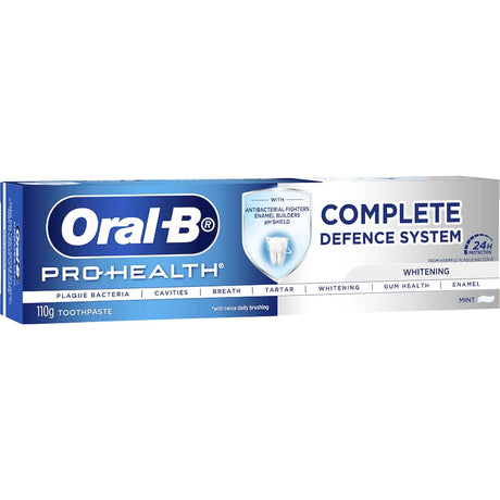 Oral B Pro Health Advanced Whitening Toothpaste for a brighter smile, strengthens enamel, and fights plaque with a refreshing mint flavor.