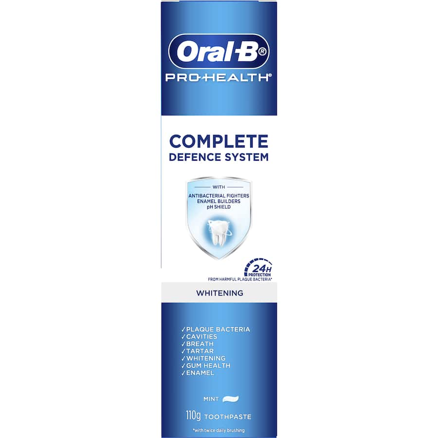 Oral B Pro Health Advanced Whitening toothpaste tube, promoting a bright smile and strong enamel with mint flavor for fresh breath.