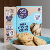 Molly Woppy Gluten Free Biscuits with rich milk chocolate chunks, buttery texture, perfect for guilt-free snacking.