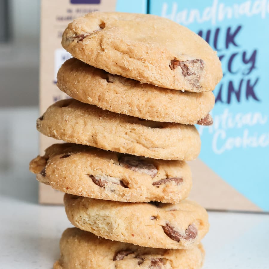 Molly Woppy Gluten Free Biscuits feature rich milk chocolate chunks in a buttery, crunchy cookie perfect for guilt-free snacking.