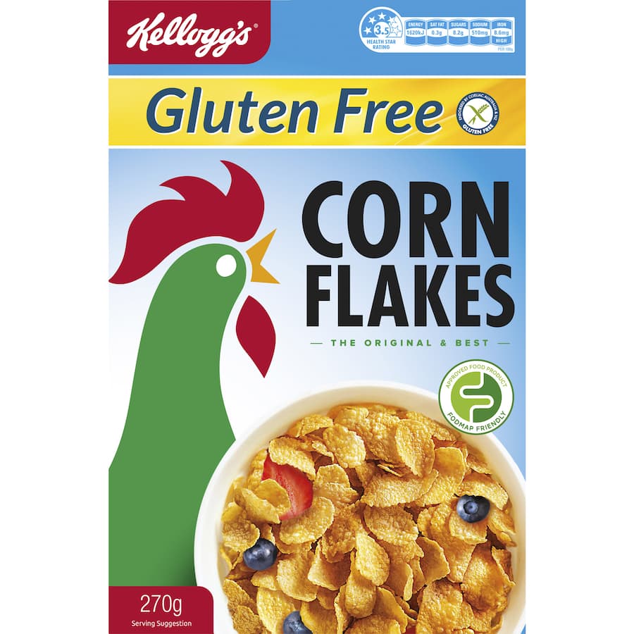 Bowl of Kellogg's gluten-free corn flakes, golden crispy flakes perfect for breakfast or yogurt toppings.