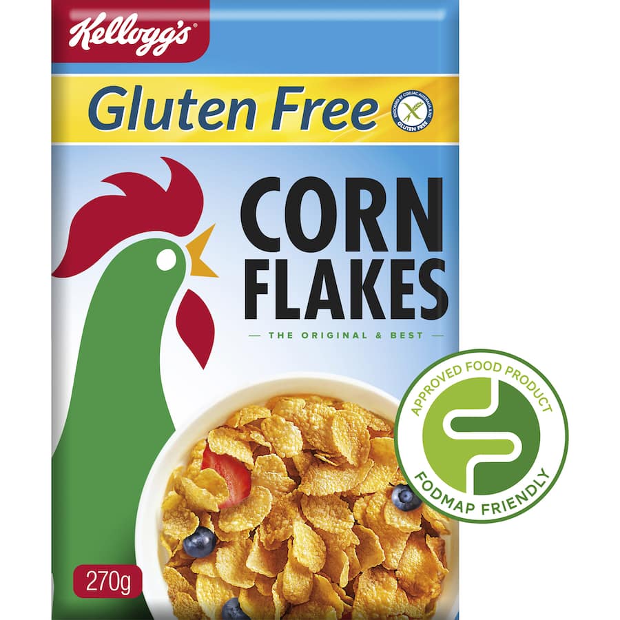 Crispy, gluten-free corn flakes in a bright yellow box, perfect for a delicious breakfast or yogurt topping.